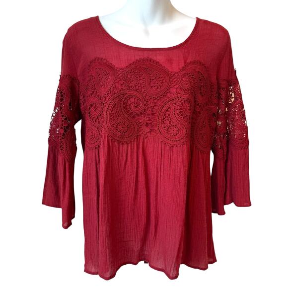 Fyve Rusty Red Gauze Lace Boho Blouse Women's Small Embroidered Bell Sleeve Top - Picture 1 of 16
